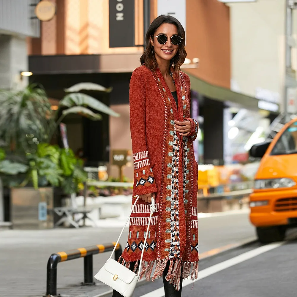 Long Cardigan Knitted Boho with Fringe Tassel