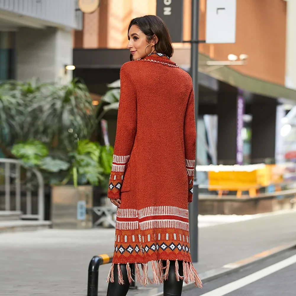 Long Cardigan Knitted Boho with Fringe Tassel