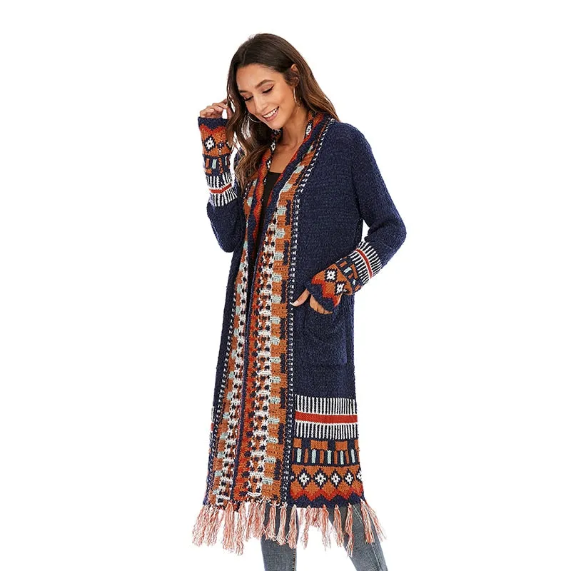 Long Cardigan Knitted Boho with Fringe Tassel