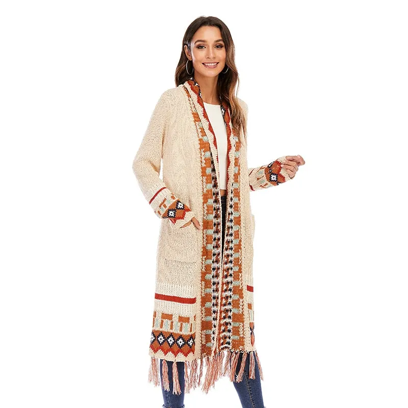 Long Cardigan Knitted Boho with Fringe Tassel