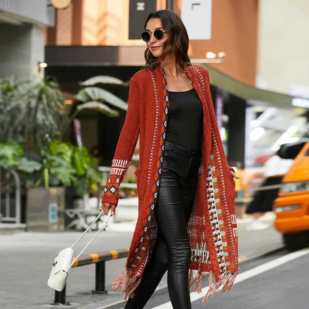 Long Cardigan Knitted Boho with Fringe Tassel