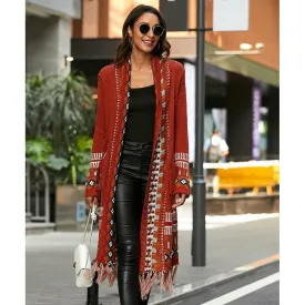 Long Cardigan Knitted Boho with Fringe Tassel