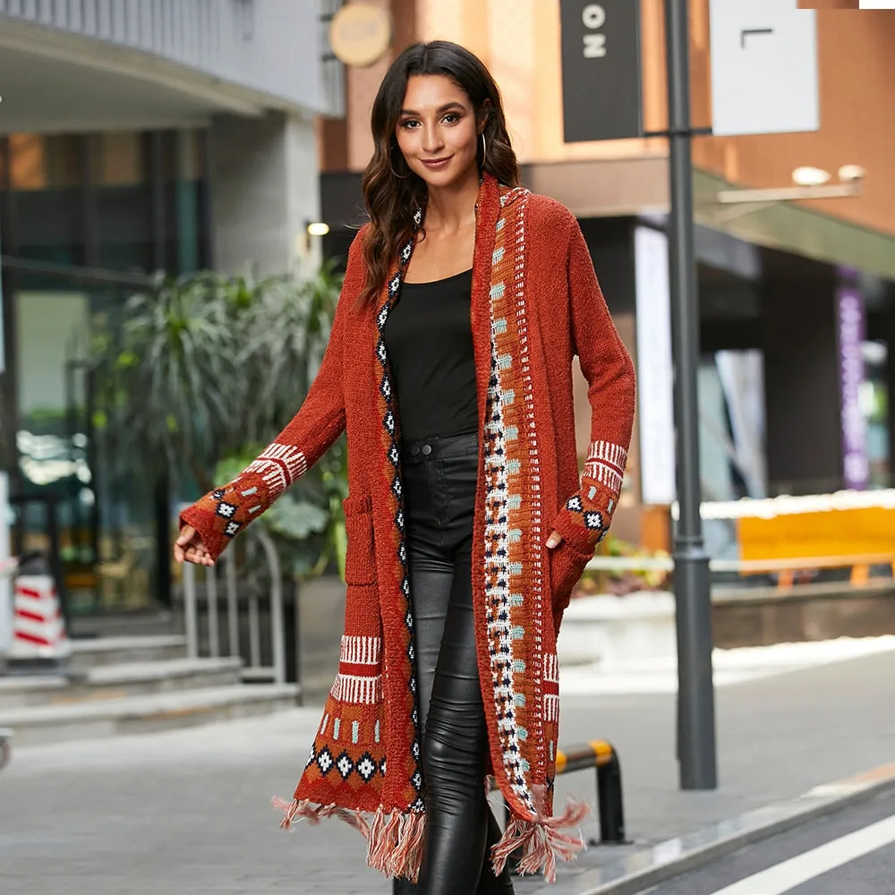 Long Cardigan Knitted Boho with Fringe Tassel