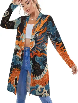 MARSVOVO Womens Chinese Loong Cardigan Coat Vintage Ink Painting Graphic Casual Long Sleeve Chiffon Outfits for Women