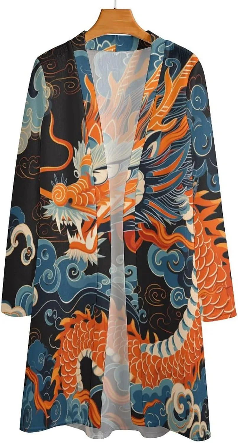 MARSVOVO Womens Chinese Loong Cardigan Coat Vintage Ink Painting Graphic Casual Long Sleeve Chiffon Outfits for Women