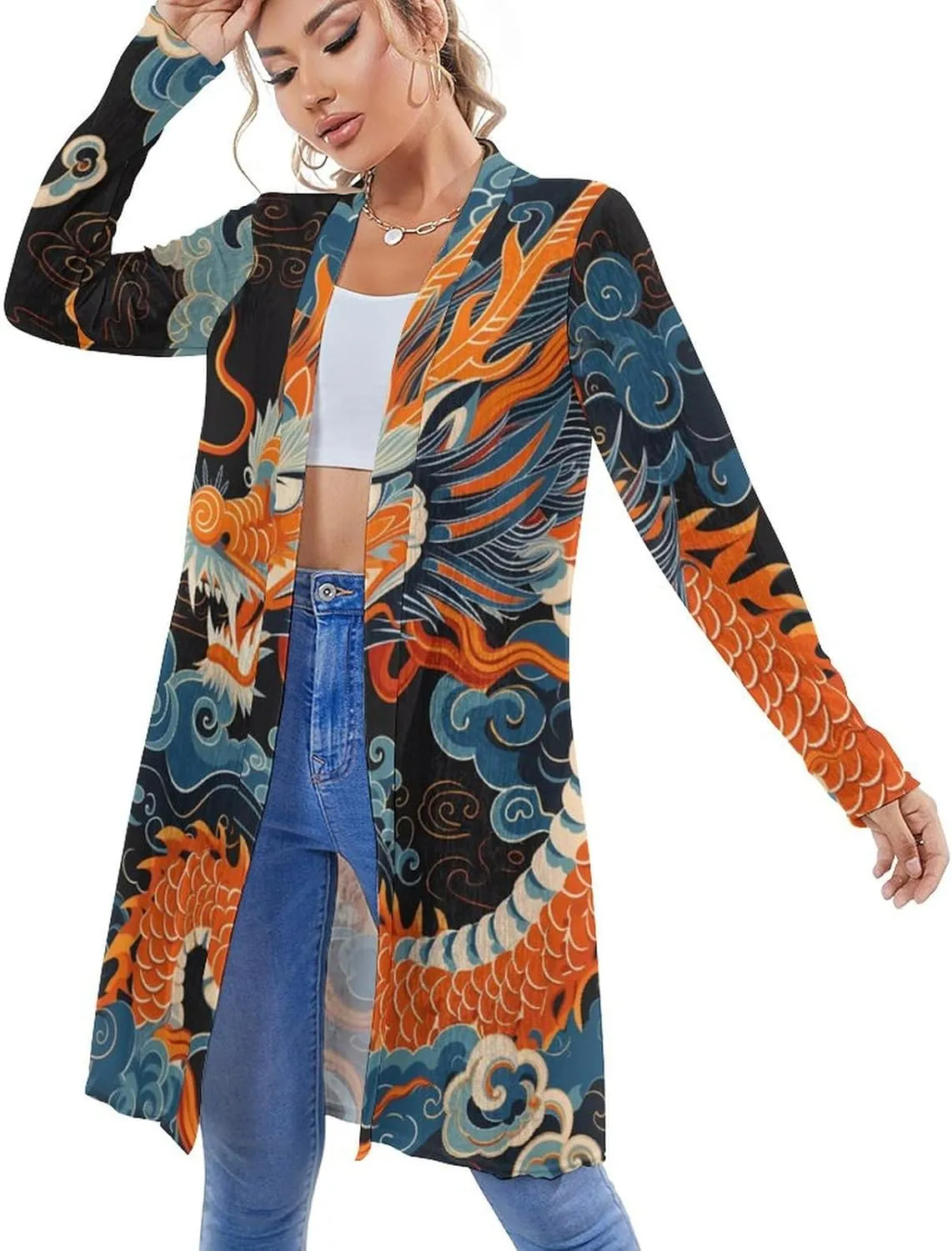 MARSVOVO Womens Chinese Loong Cardigan Coat Vintage Ink Painting Graphic Casual Long Sleeve Chiffon Outfits for Women
