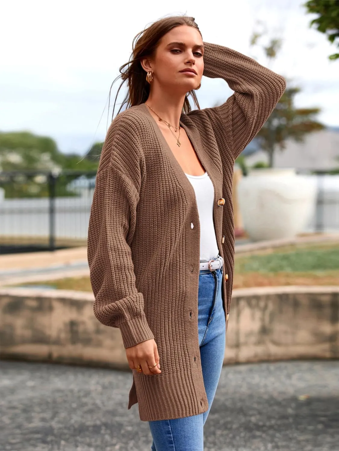 MASCOMODA Women's Long Sleeve Oversized Cable Knit Sweater Cardigan 2024 Fall Open Front Button Down Chunky Knit Outwear Coat