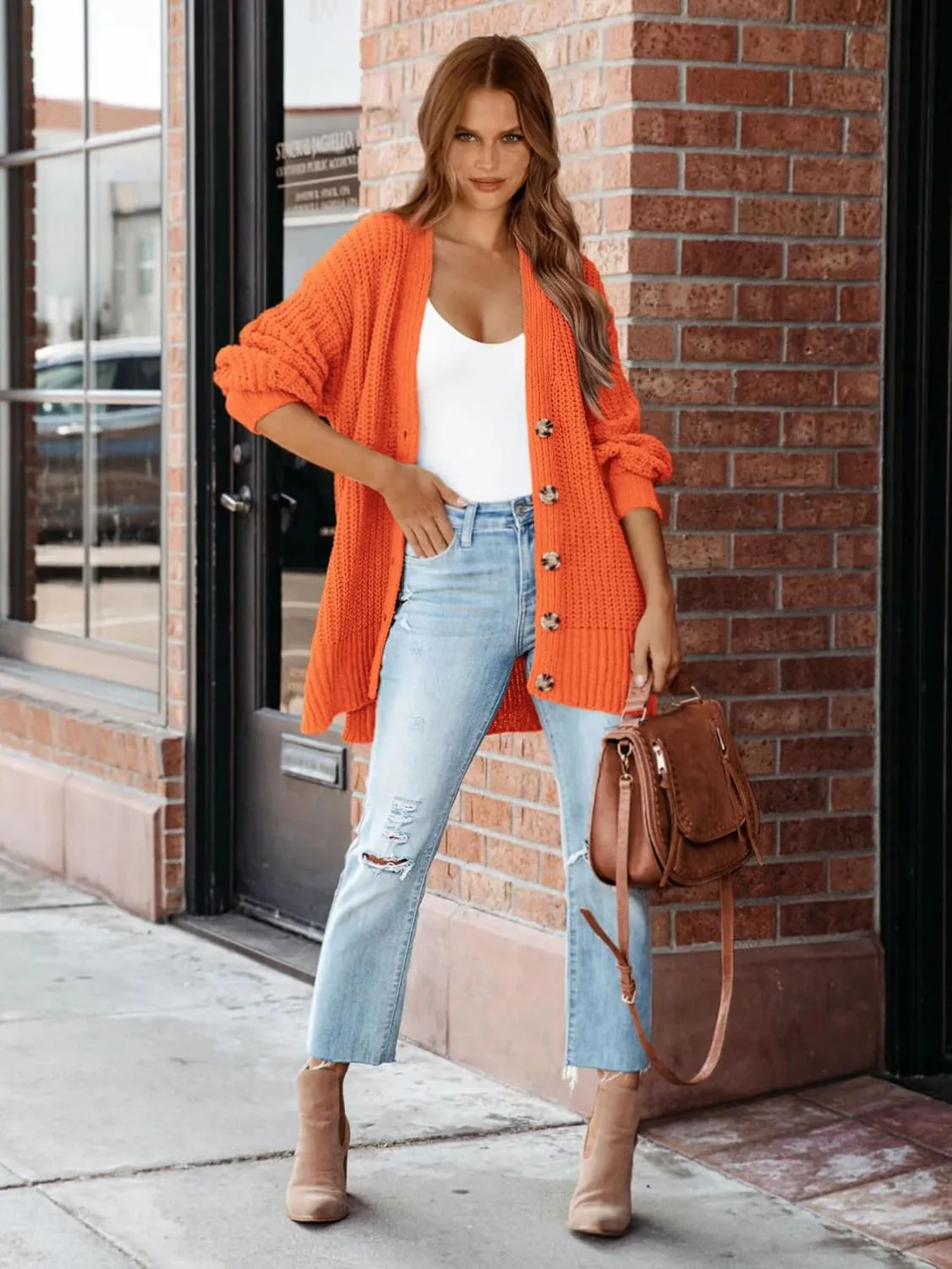 MASCOMODA Women's Long Sleeve Oversized Cable Knit Sweater Cardigan 2024 Fall Open Front Button Down Chunky Knit Outwear Coat
