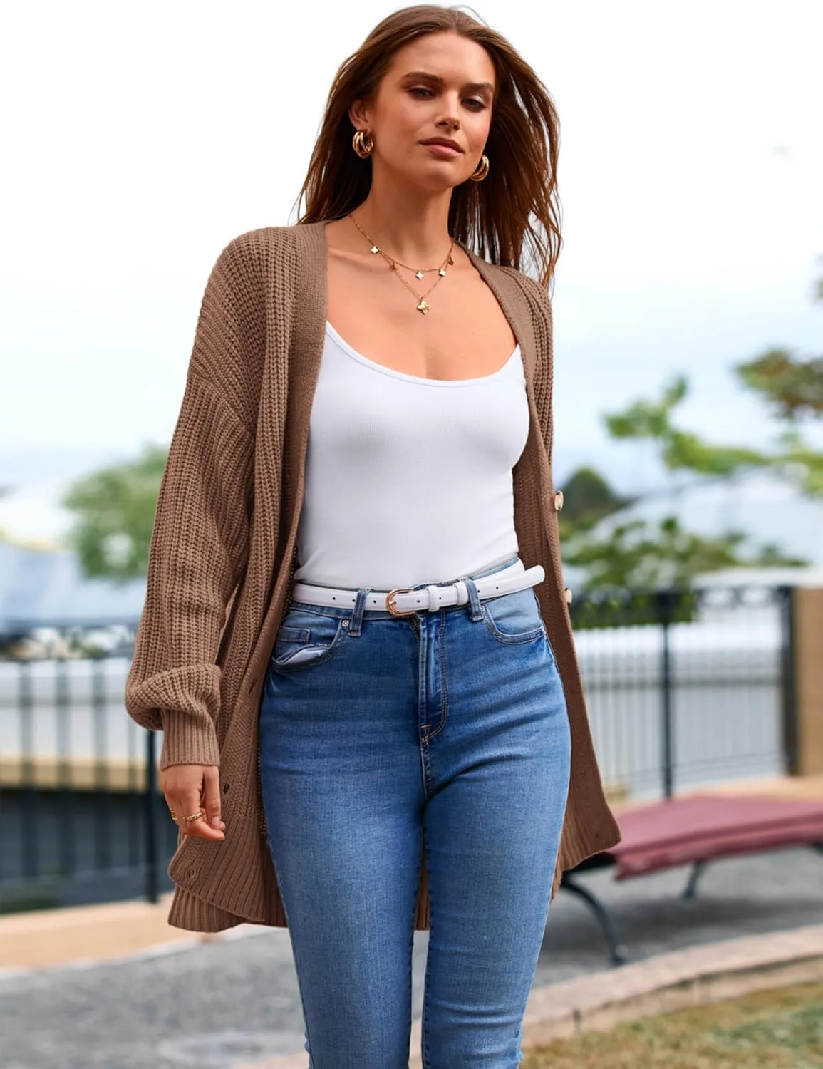 MASCOMODA Women's Long Sleeve Oversized Cable Knit Sweater Cardigan 2024 Fall Open Front Button Down Chunky Knit Outwear Coat