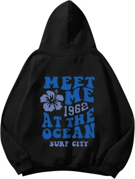 Meet Me 1962 At The Ocean Hoodies Long Sleeve Hooded Sweatshirt Trendy Letter Print Cute Preppy Y2K Pullover Tops