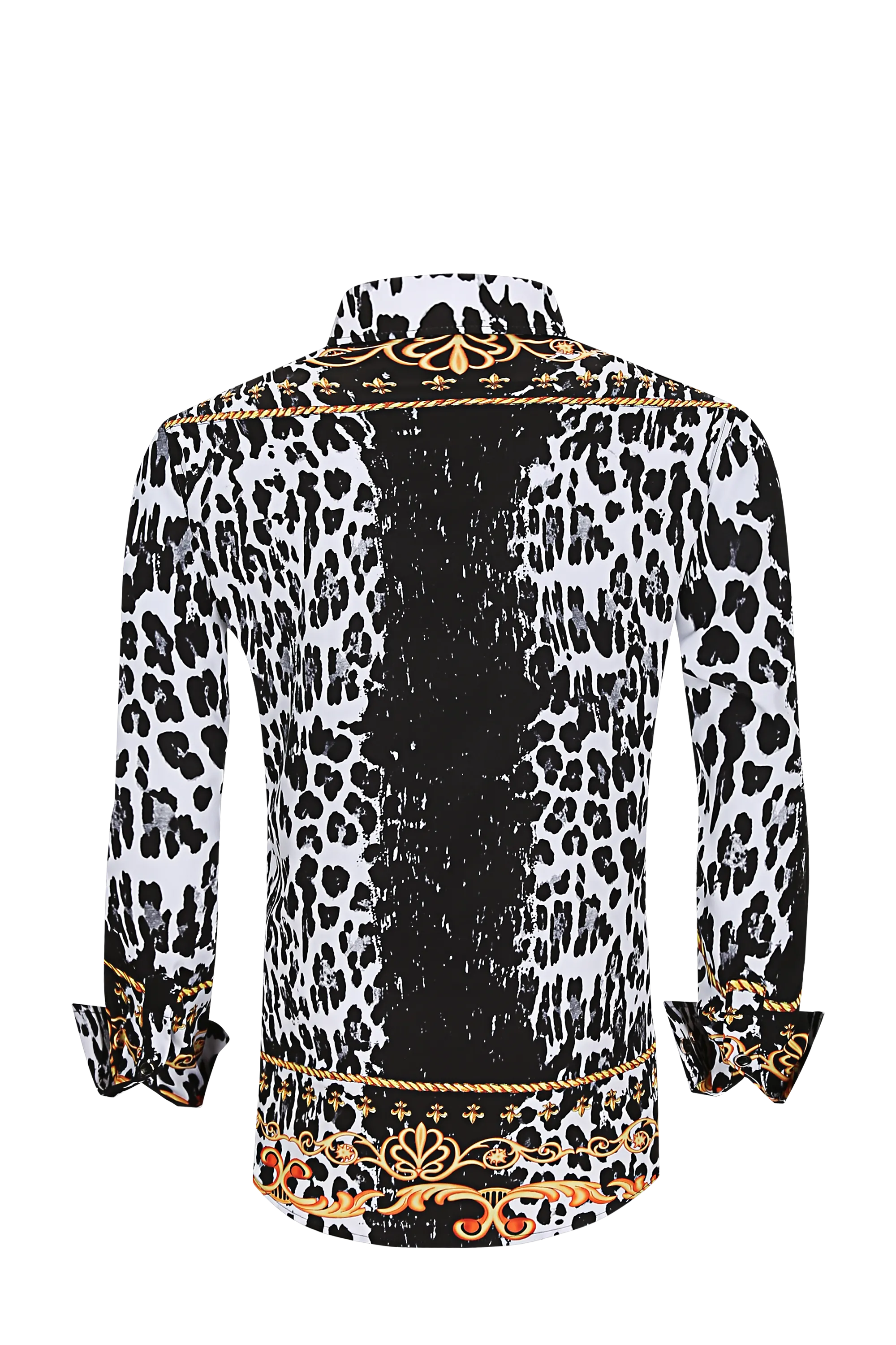 Men PREMIERE Long Sleeve Button Down Dress Shirt White White Black Leopard Spots