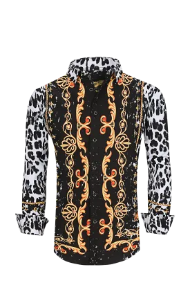 Men PREMIERE Long Sleeve Button Down Dress Shirt White White Black Leopard Spots