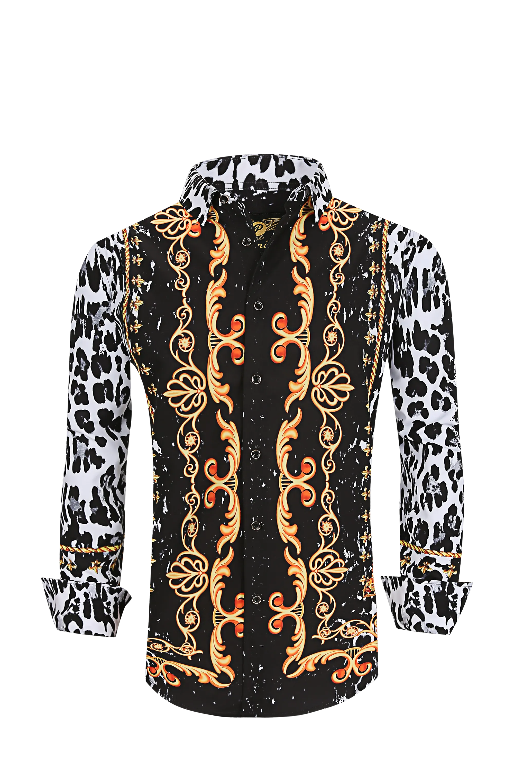 Men PREMIERE Long Sleeve Button Down Dress Shirt White White Black Leopard Spots
