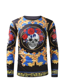 Men PREMIERE SLIM FIT Long Sleeve T SHIRT BLACK RED BLUE SKULL ROSE CHAIN PRINT Designer Shirt