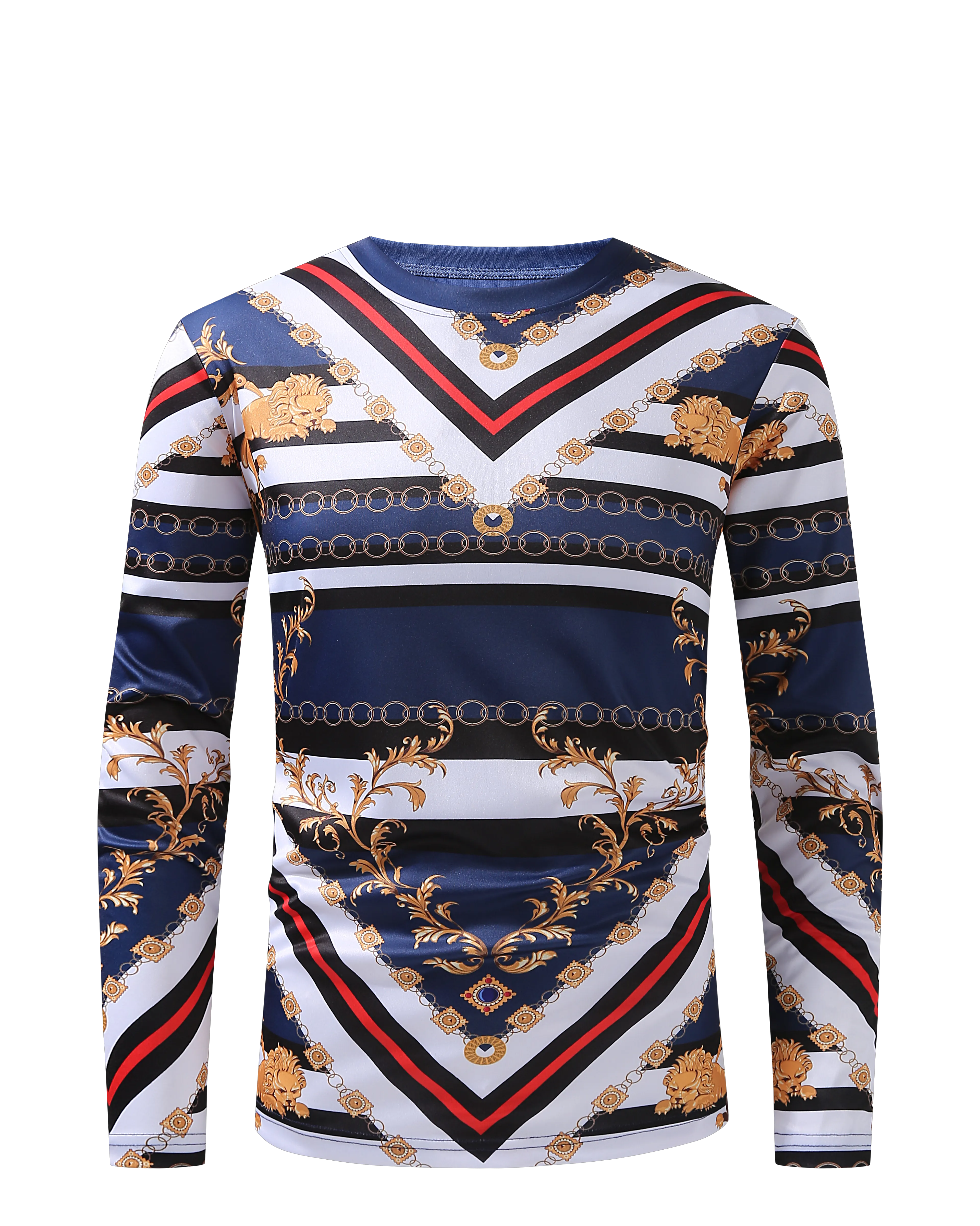 Men PREMIERE SLIM FIT Long Sleeve T SHIRT NAVY BLUE GOLD LION PRINT Designer Shirt
