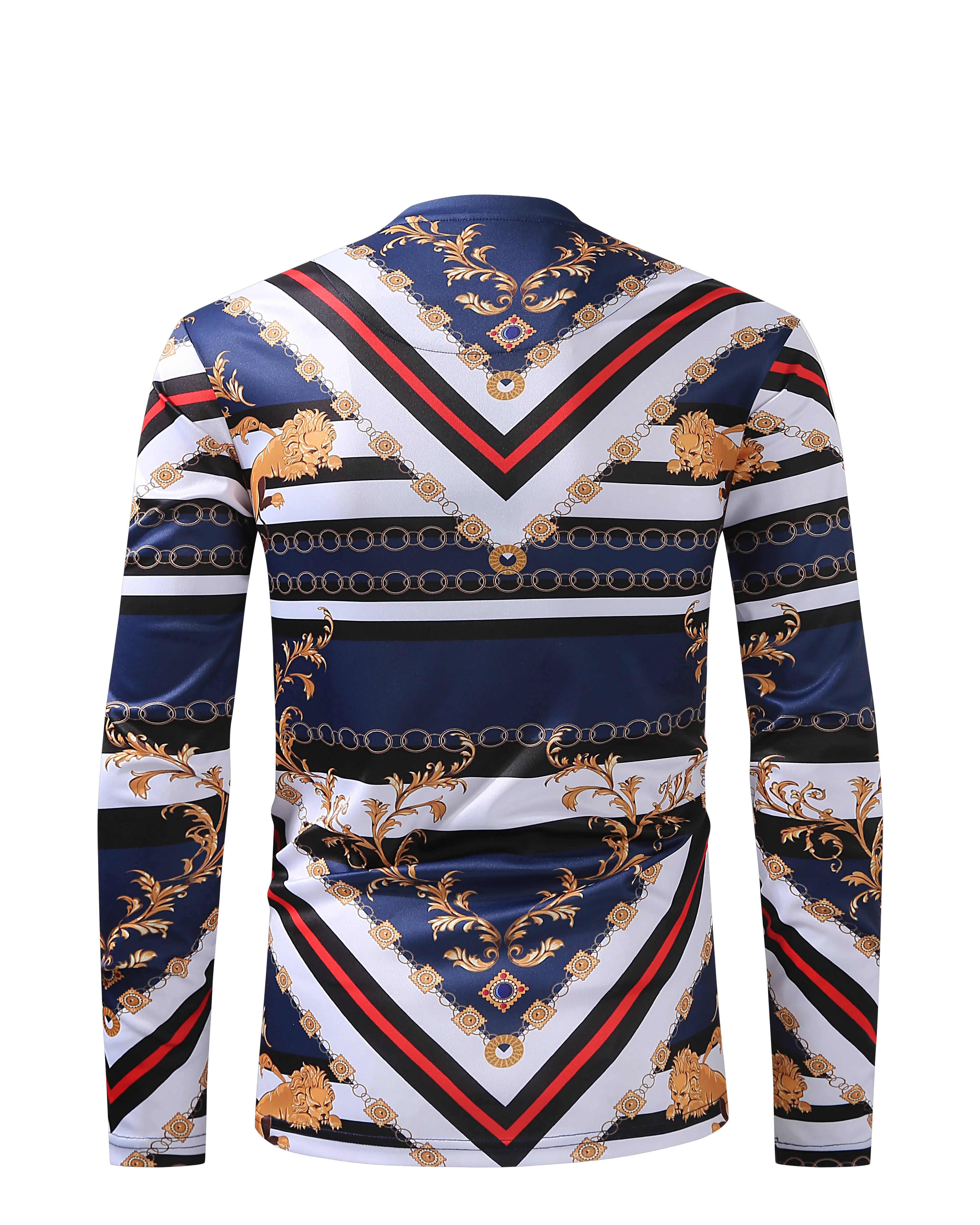 Men PREMIERE SLIM FIT Long Sleeve T SHIRT NAVY BLUE GOLD LION PRINT Designer Shirt