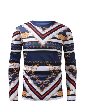 Men PREMIERE SLIM FIT Long Sleeve T SHIRT NAVY BLUE GOLD LION PRINT Designer Shirt