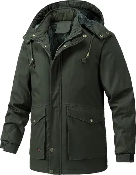 Men's Cargo Jacket 2023 Winter Warm Coats Fleece Lined Jackets with Removable Hood Ski Snow Mountain Windproof Overcoat