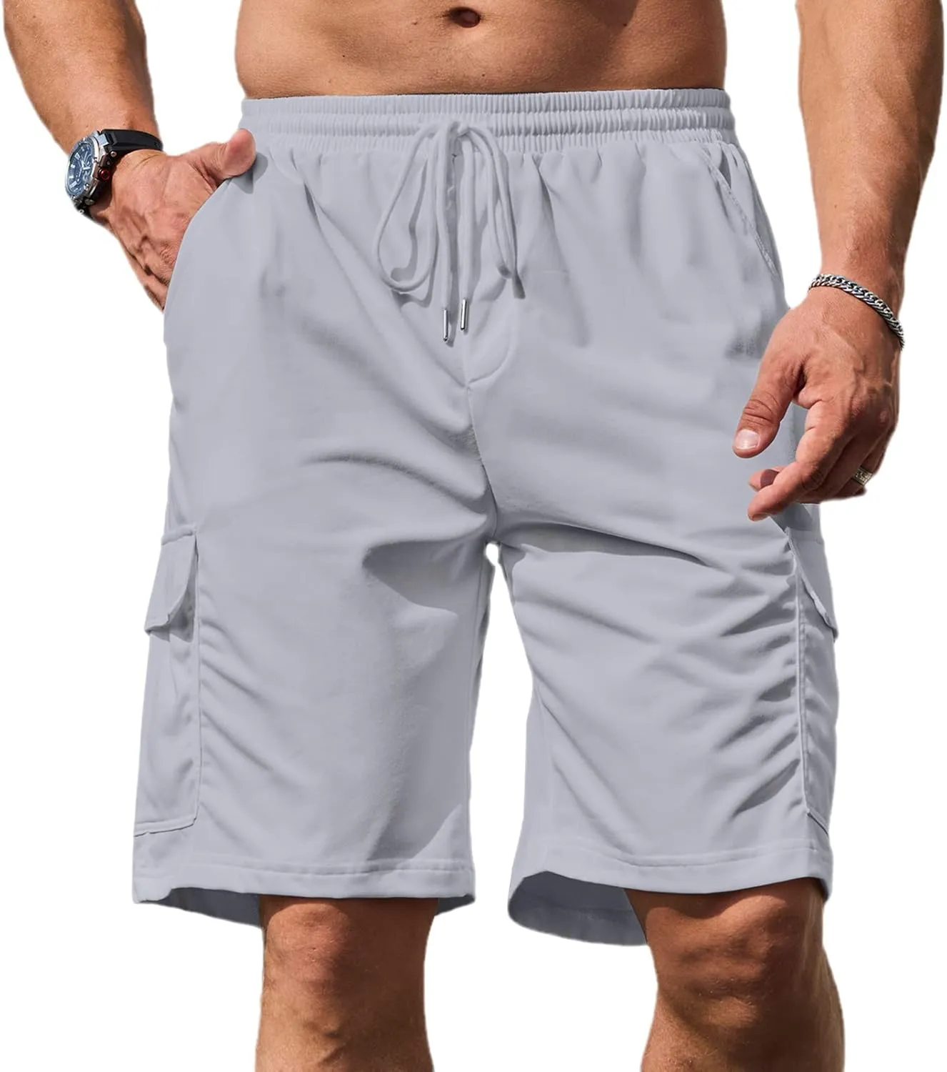 Men's Cargo Shorts Elastic Waist Outdoor Relaxed Fit Sport Shorts Jogger Lightweight Hiking Shorts with Pockets