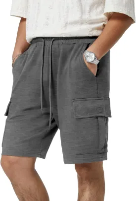Mens Casual Sweat Cargo Cotton Shorts Drawstring Elastic Waist Athletic Workout Gym Jogger Shorts with 5 Pockets