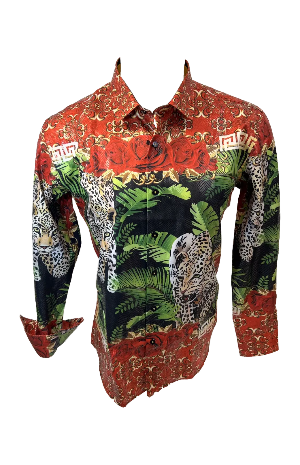 Men's Long Sleeve Button Down Dress Shirt Cheetah Leopard Black Red Gold Floral Rose