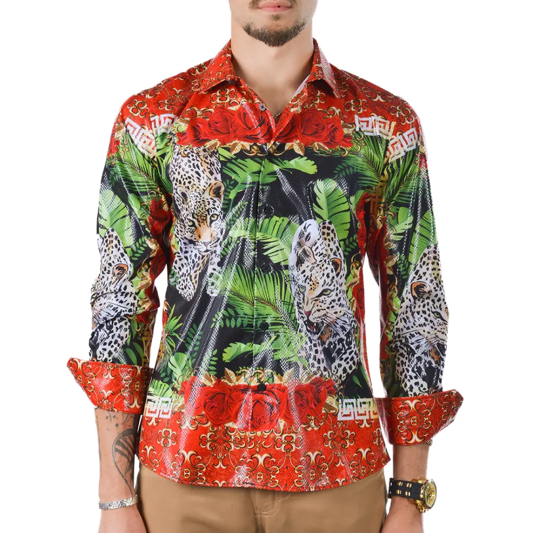 Men's Long Sleeve Button Down Dress Shirt Cheetah Leopard Black Red Gold Floral Rose