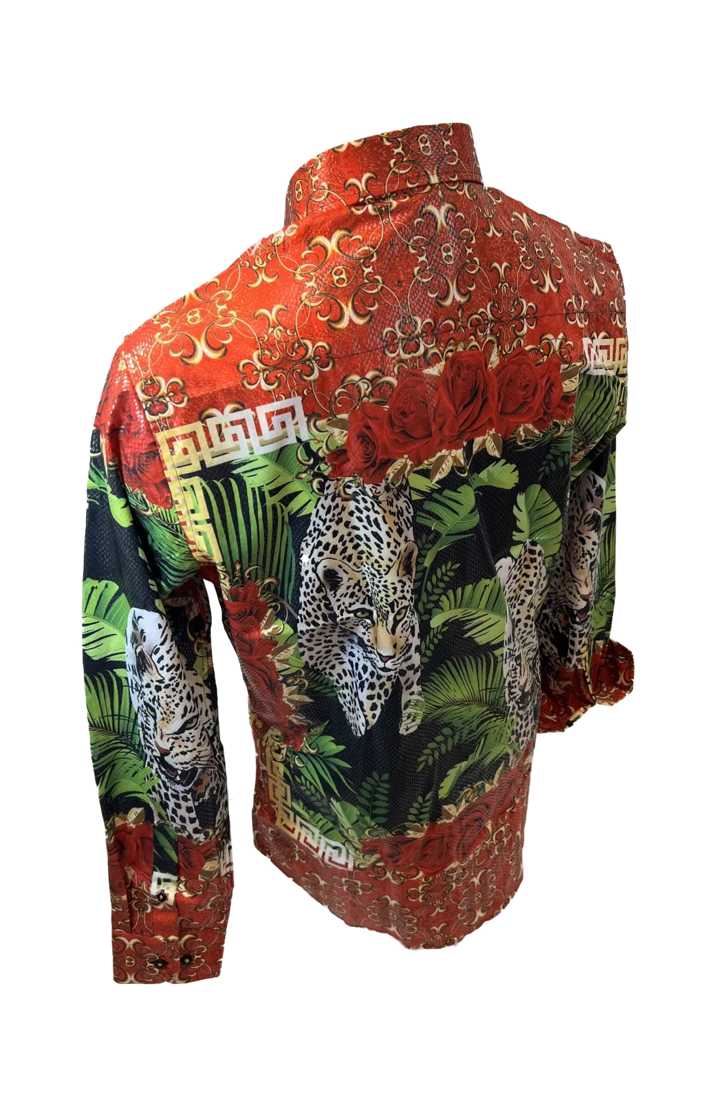 Men's Long Sleeve Button Down Dress Shirt Cheetah Leopard Black Red Gold Floral Rose