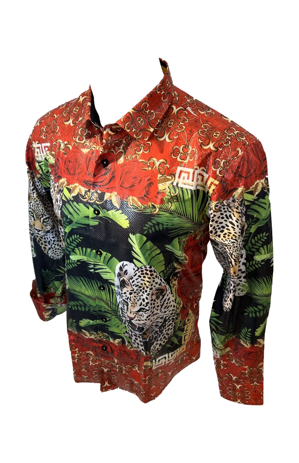 Men's Long Sleeve Button Down Dress Shirt Cheetah Leopard Black Red Gold Floral Rose