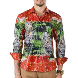 Men's Long Sleeve Button Down Dress Shirt Cheetah Leopard Black Red Gold Floral Rose