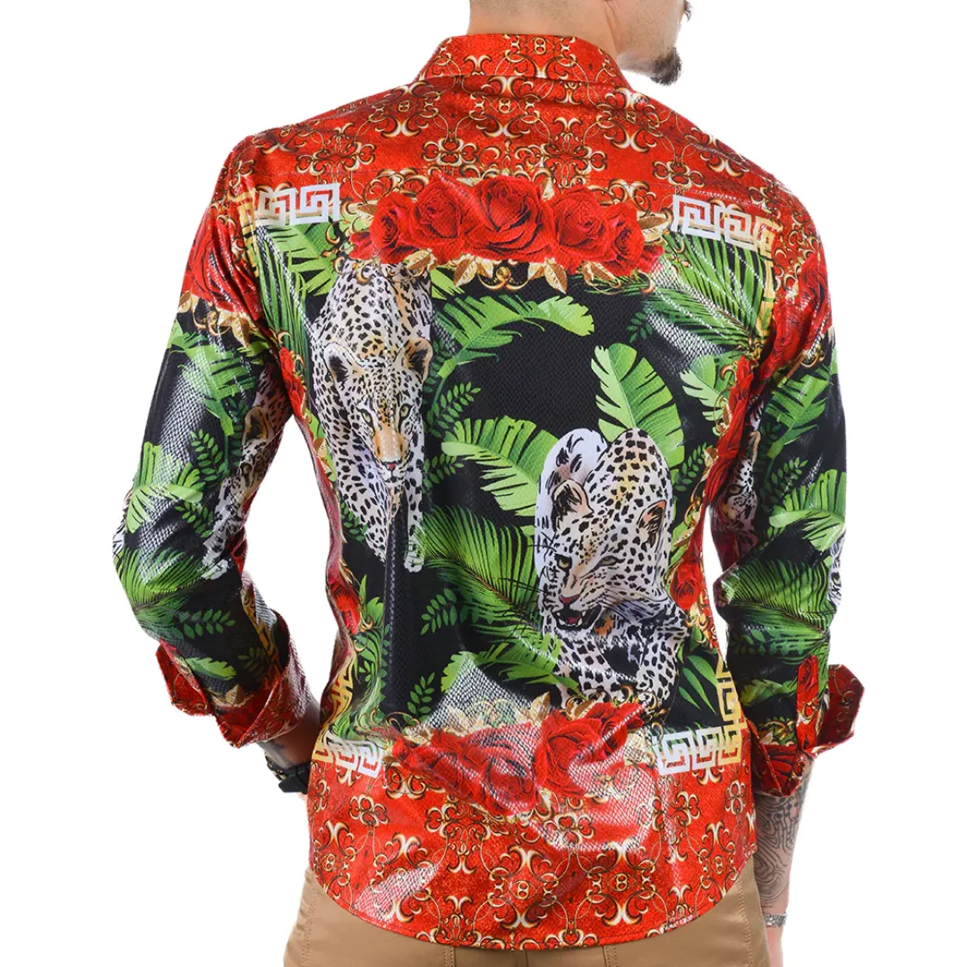 Men's Long Sleeve Button Down Dress Shirt Cheetah Leopard Black Red Gold Floral Rose