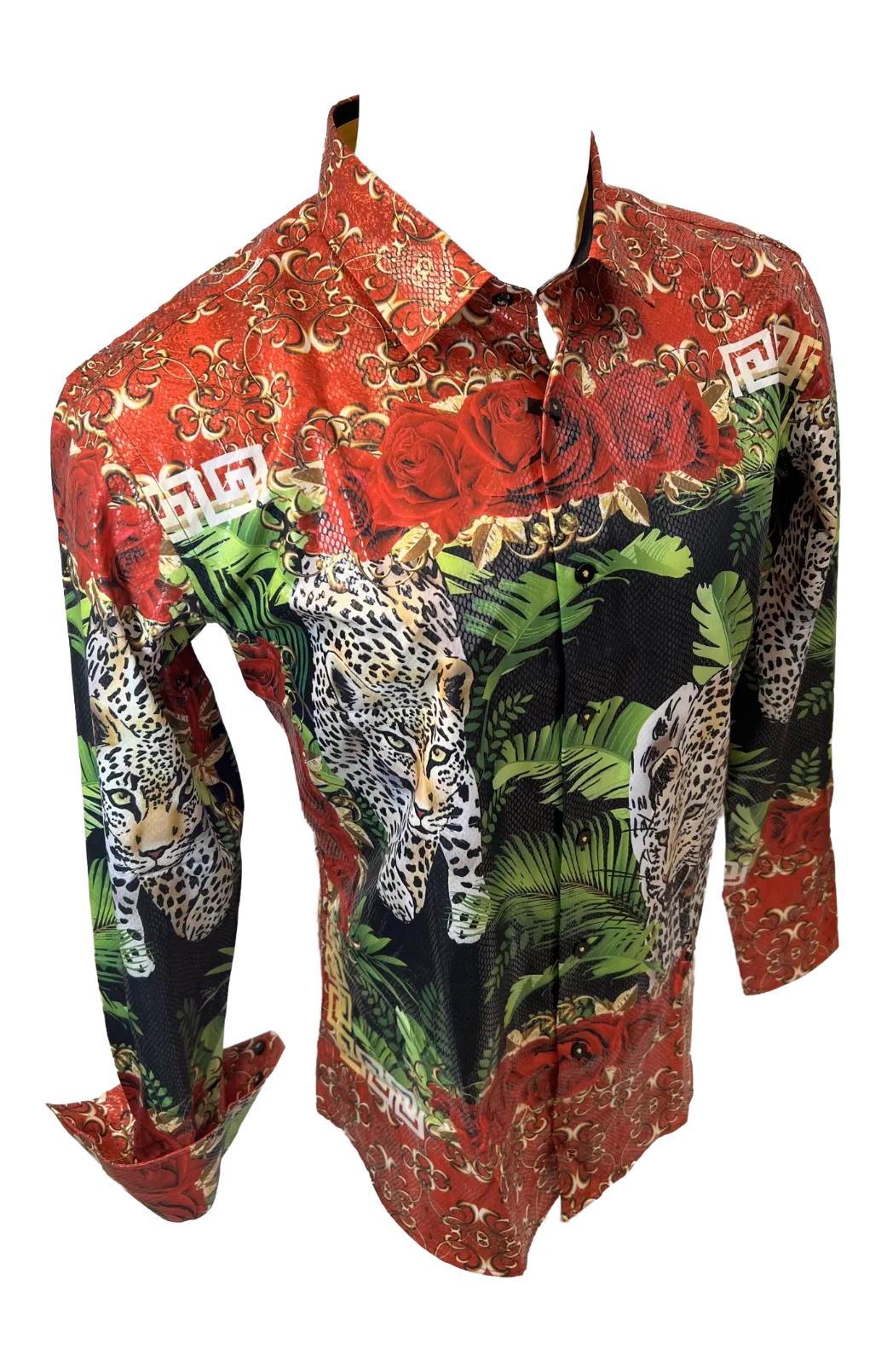 Men's Long Sleeve Button Down Dress Shirt Cheetah Leopard Black Red Gold Floral Rose