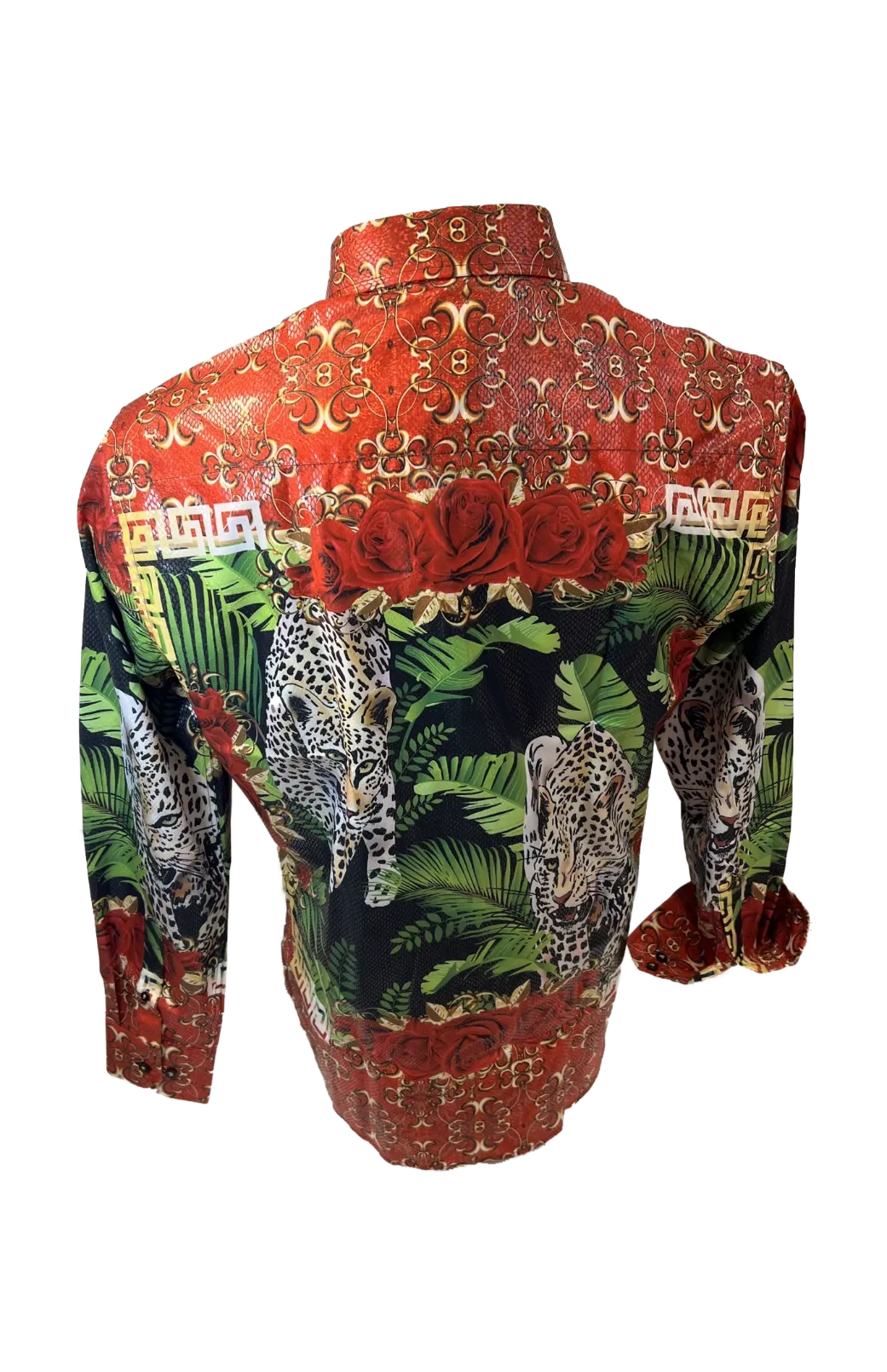 Men's Long Sleeve Button Down Dress Shirt Cheetah Leopard Black Red Gold Floral Rose