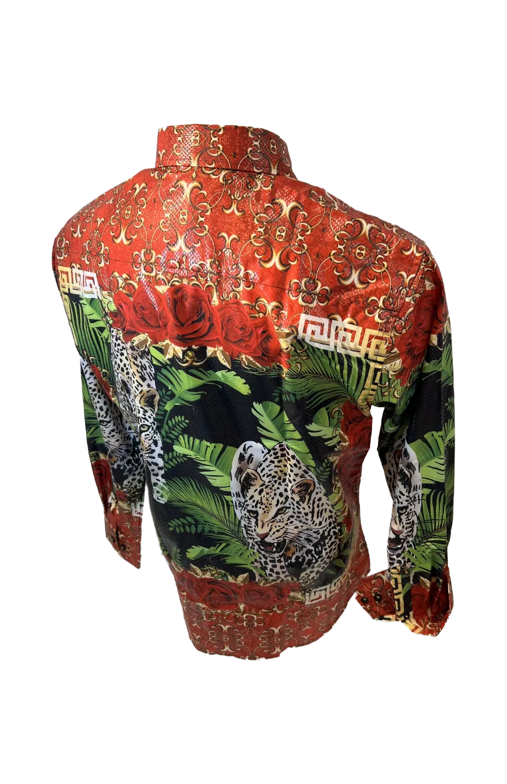 Men's Long Sleeve Button Down Dress Shirt Cheetah Leopard Black Red Gold Floral Rose