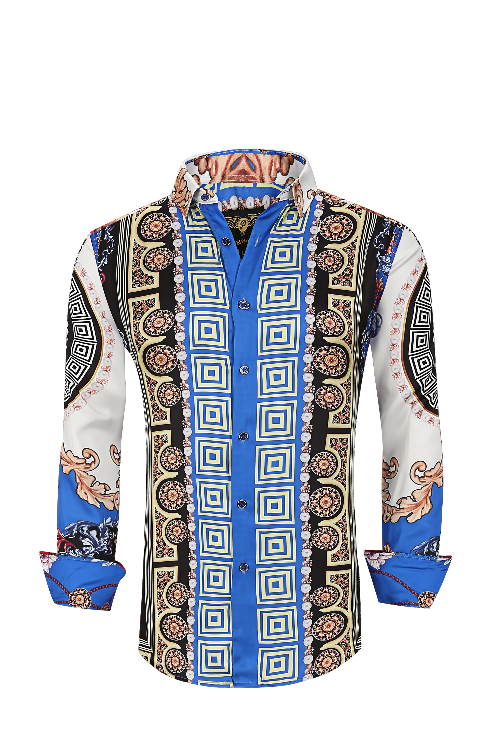Mens PREMIERE Long Sleeve Button Down Dress Shirt Royal Blue White Gold Pearls