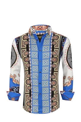 Mens PREMIERE Long Sleeve Button Down Dress Shirt Royal Blue White Gold Pearls