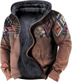 Men's Sherpa-Lined Hooded Fleece Jacket,Aztec Graphic Hoodies Winter Coats Plus Size Zipper Slim Outwear with Pocket