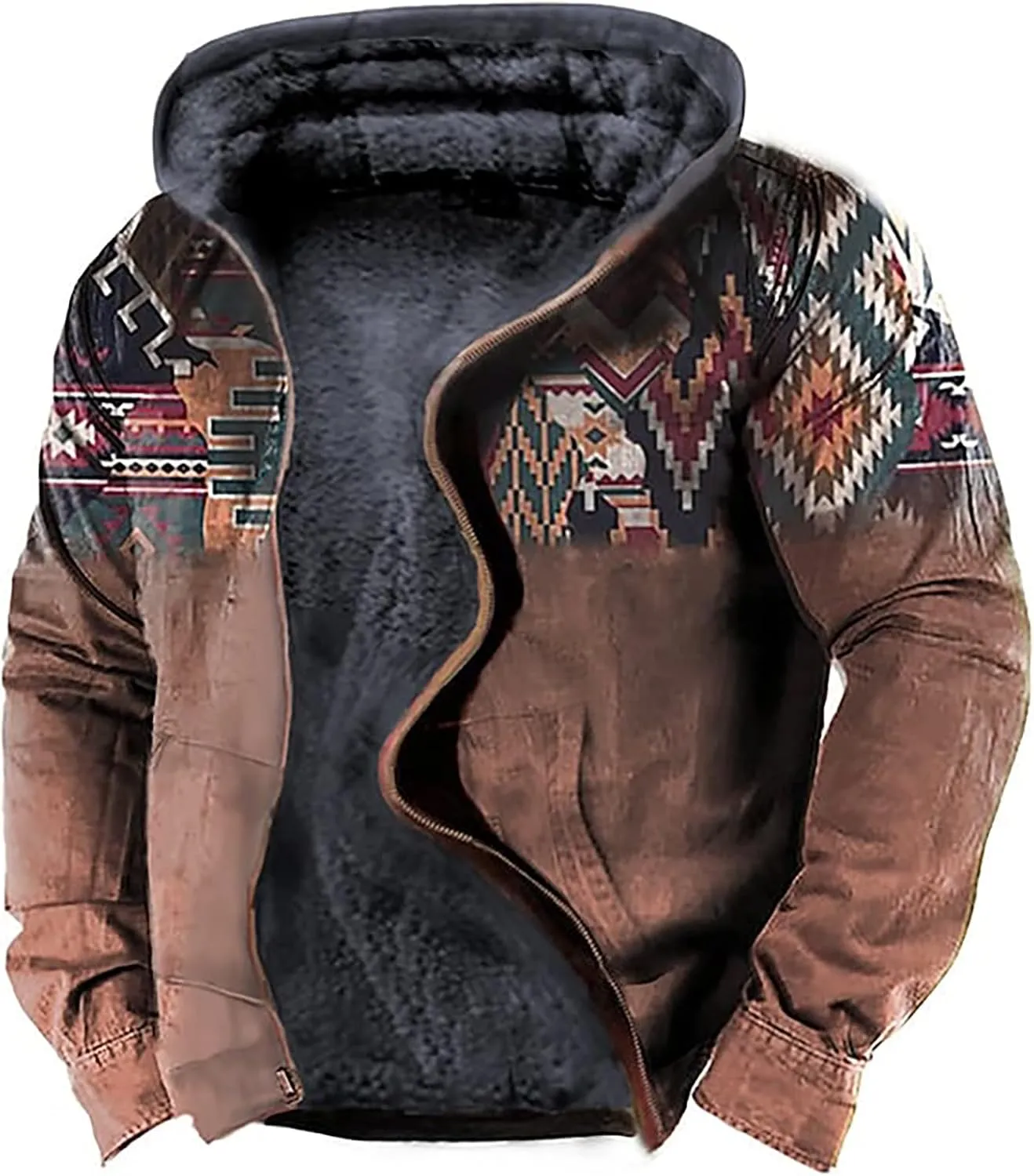 Men's Sherpa-Lined Hooded Fleece Jacket,Aztec Graphic Hoodies Winter Coats Plus Size Zipper Slim Outwear with Pocket