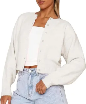 NUFIWI Women Y2k Knit Crop Cardigan Button Down Open Front Lightweight Shrug Sweater Long Sleeve Knitted Cropped Outwear
