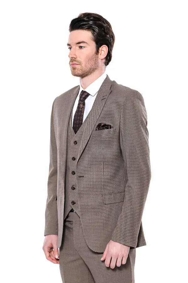 Patterned Slim Fit Light Brown Men Blazer - Wessi