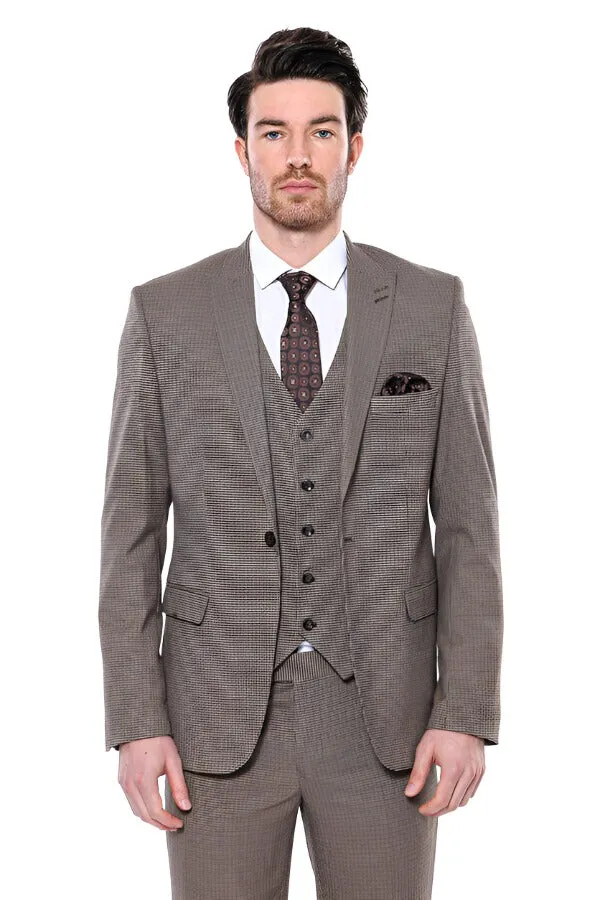 Patterned Slim Fit Light Brown Men Blazer - Wessi