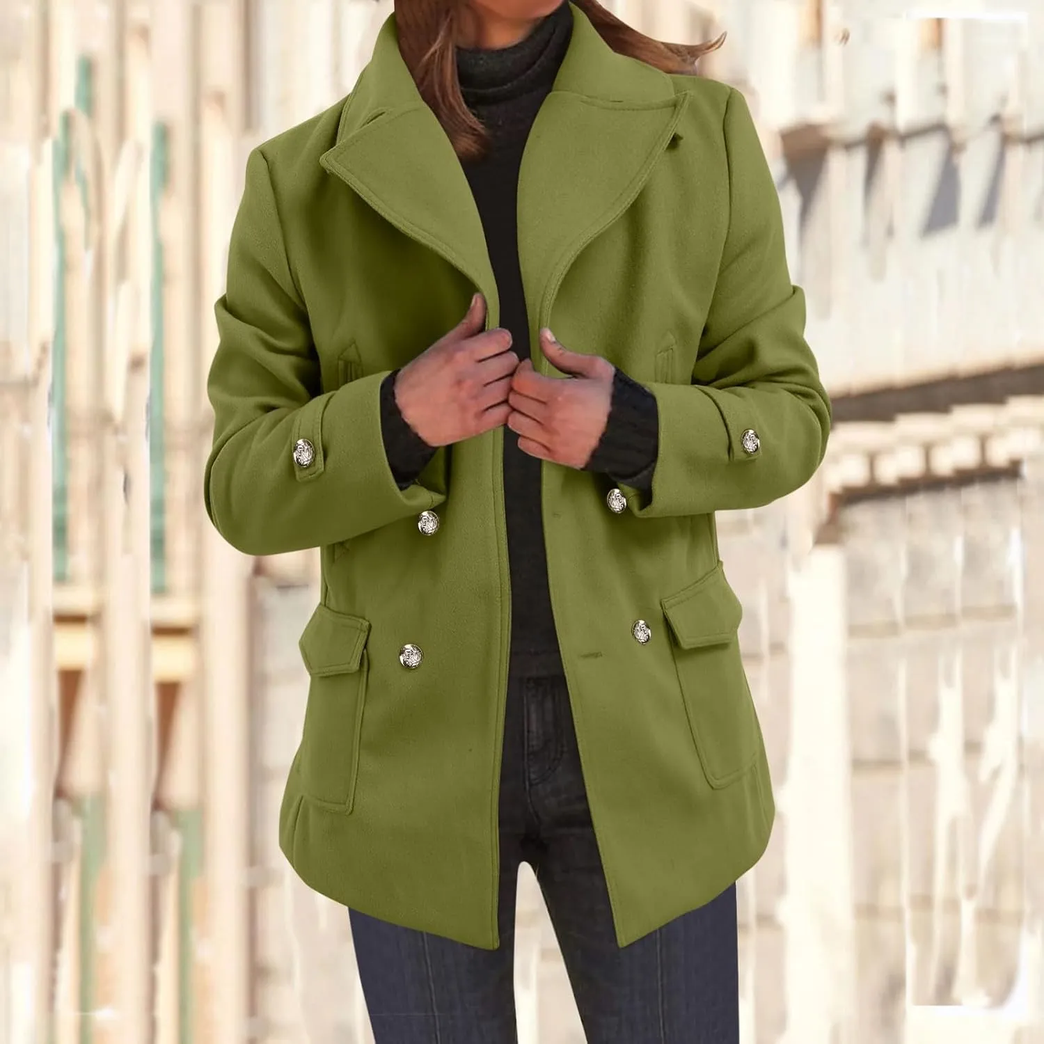 PeQAQ Women's Elegant Blazers Single Breasted Coat Winter Long Sleeve Mid Woolen Overcoat Work Office Pea Jackets Overcoats