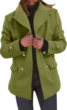 PeQAQ Women's Elegant Blazers Single Breasted Coat Winter Long Sleeve Mid Woolen Overcoat Work Office Pea Jackets Overcoats