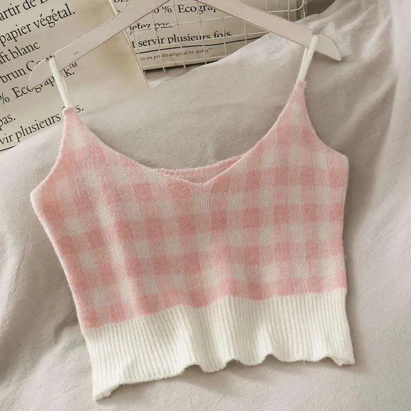 Pink Plaid Three-Piece Skirt and Cardigan Set