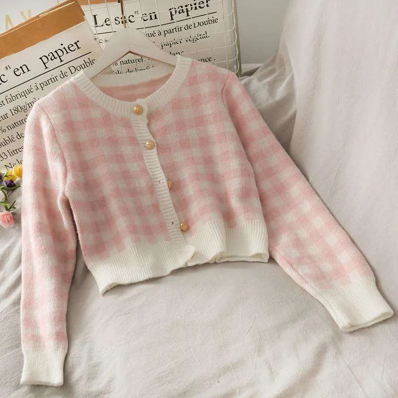 Pink Plaid Three-Piece Skirt and Cardigan Set