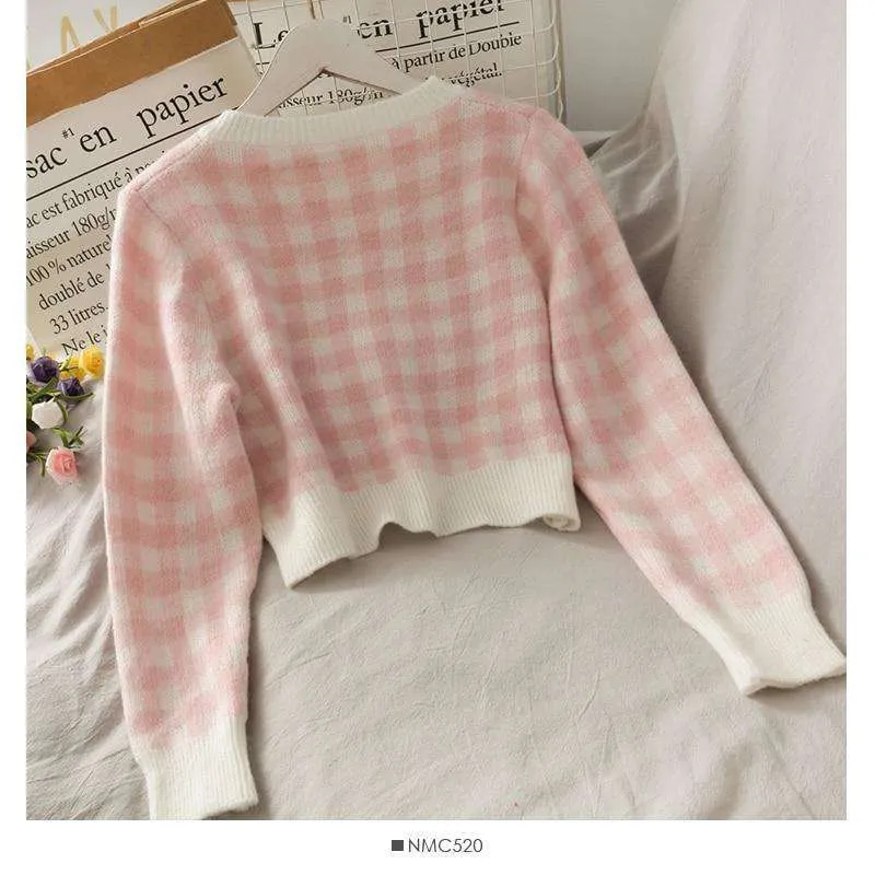 Pink Plaid Three-Piece Skirt and Cardigan Set