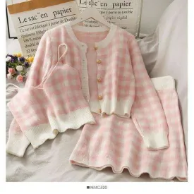 Pink Plaid Three-Piece Skirt and Cardigan Set