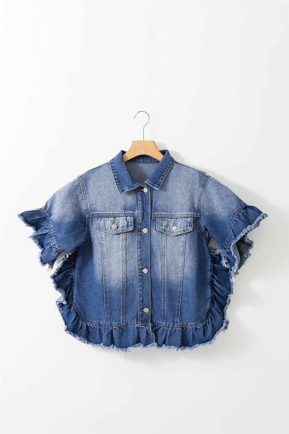 Raw Edge Ruffled Short Sleeve Denim Jacket: Blue / M