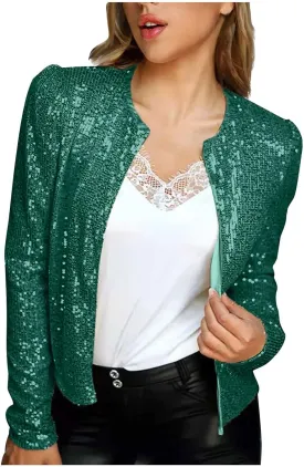 Sequin Jackets for Women Evening Party Glitter Tops Front Zip Long Sleeve Jackets Fashion Sparkly Bomber Clothes