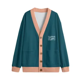 Sixty Eight 93 Logo White Dark Teal & Peach Unisex V-Neck Knitted Fleece Cardigan