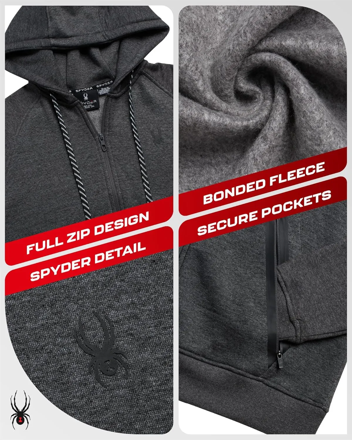 Spyder Mens Zip Up Hoodie - UPF30  Super Soft Fleece Sweatshirt, Warm Athletic Hoodies for Men with Secure Zip Pockets (S-XL)